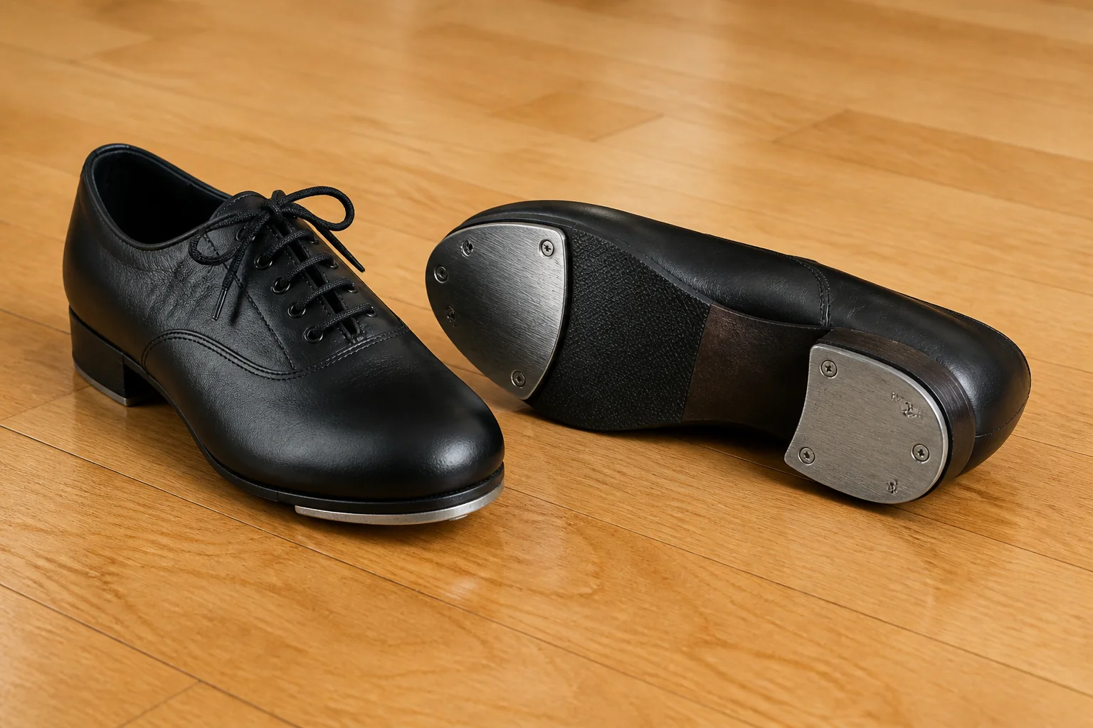 A pair of black tap shoes on a maple studio floor